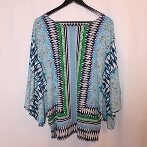 Chico's 2 L Paisley Boho Ikat Mixed Print Poncho Top Blue Green Flowy Chic